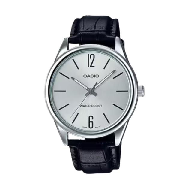 Casio #MTP-V005L-7B Men's Standard Analog Black Leather Band Silver Dial Watch