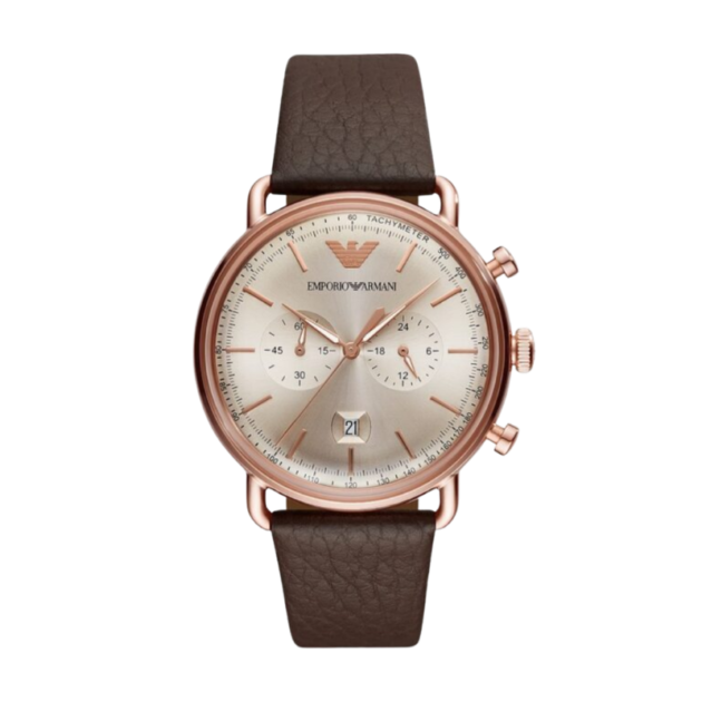Emporio Armani Men’s Chronograph Quartz Brown Leather Strap Rose Gold Shine Dial 43mm Watch AR11106