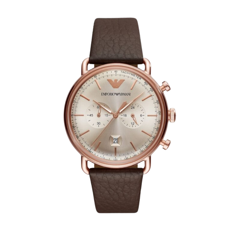 Emporio Armani Men’s Chronograph Quartz Brown Leather Strap Rose Gold Shine Dial 43mm Watch AR11106