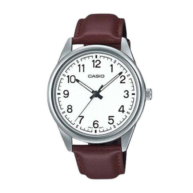 Casio #MTP-V005L-7B Men's Standard Analog Black Leather Band Silver Dial Watch