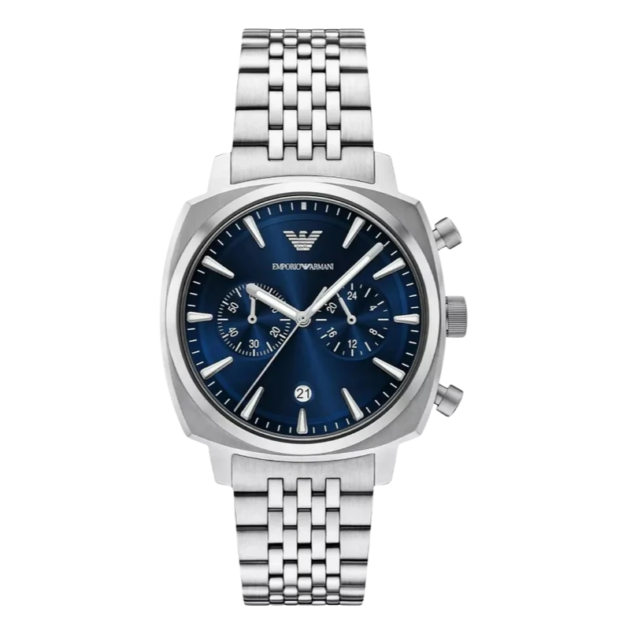 Emporio Armani Ruggero Silver Stainless Steel Navy Blue Dial Chronograph Quartz Watch for Gents - AR11688