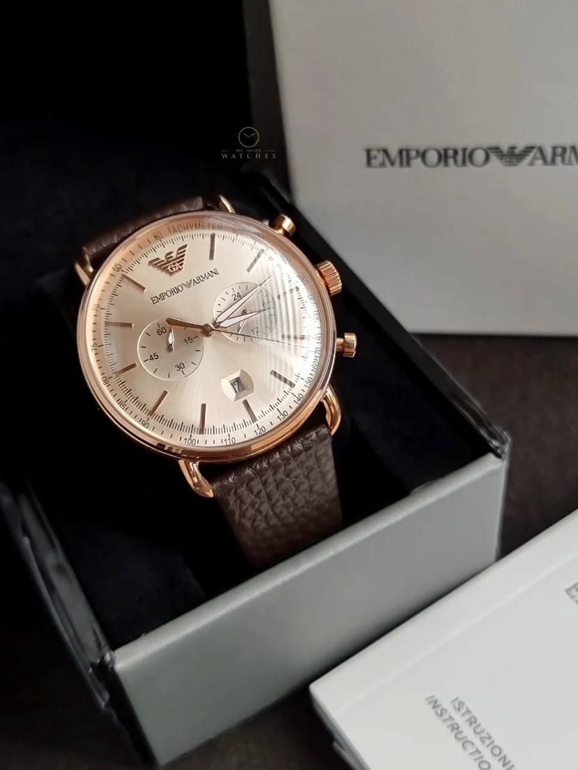 Emporio Armani Men’s Chronograph Quartz Brown Leather Strap Rose Gold Shine Dial 43mm Watch AR11106 - Image 4