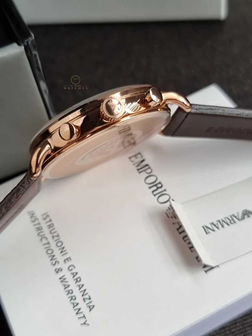Emporio Armani Men’s Chronograph Quartz Brown Leather Strap Rose Gold Shine Dial 43mm Watch AR11106 - Image 5