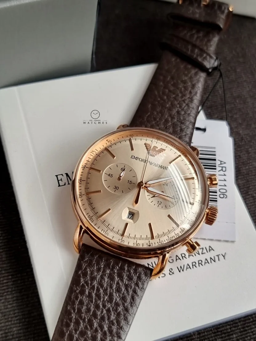 Emporio Armani Men’s Chronograph Quartz Brown Leather Strap Rose Gold Shine Dial 43mm Watch AR11106 - Image 3