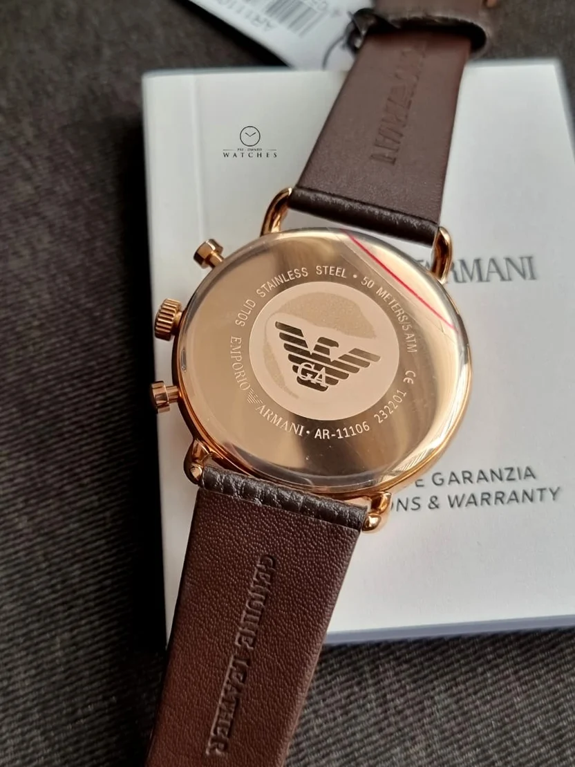 Emporio Armani Men’s Chronograph Quartz Brown Leather Strap Rose Gold Shine Dial 43mm Watch AR11106 - Image 2